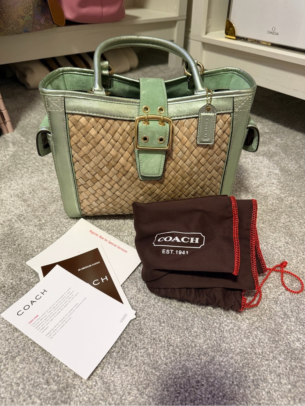 Coach Hampton Straw Mint Metallic Satchel